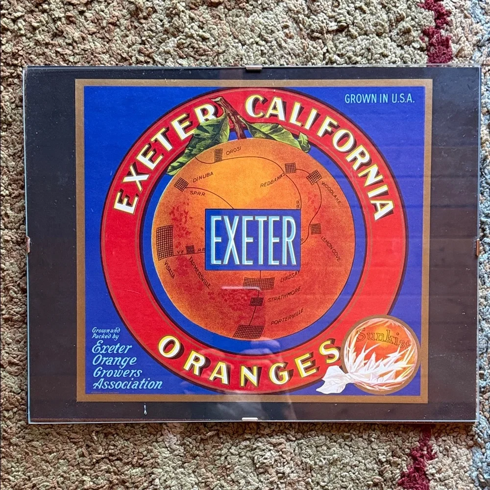 Exeter California Oranges Sunkist sign framed vintage retro packing crate 11x14
